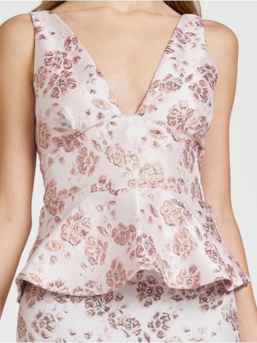 Wayf Blush Pink Metallic Floral Peplum V-Neck Top